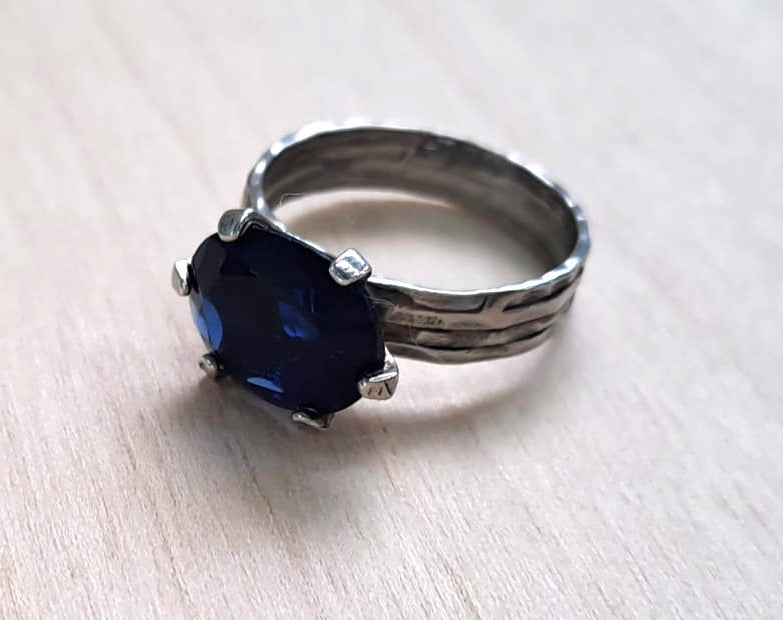 SILVER RING, SYN SAPHIRE 10X12