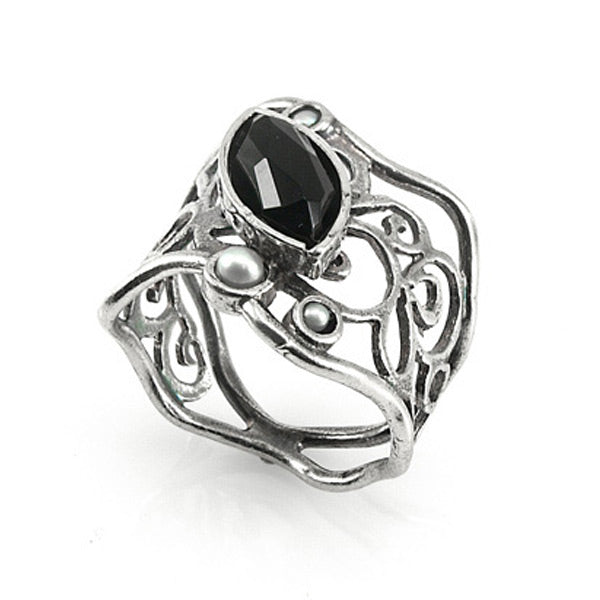 Silver Ring with Onyx and Pearl