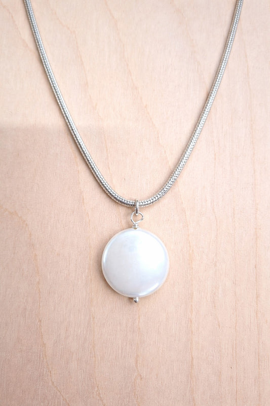 HEAVY SNAKE SILVER CHAIN, PEARL COIN 20MM