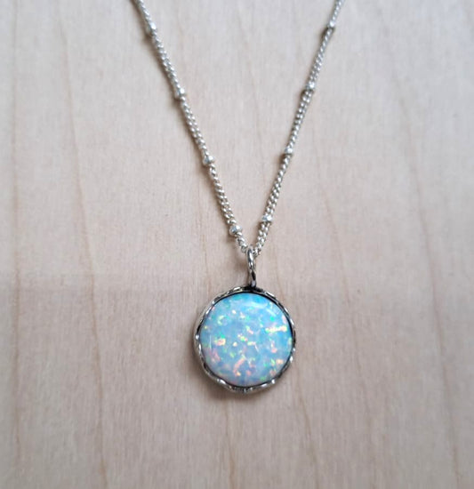 SILVER BALL CHAIN 18 INCH, SYN OPAL 12MM