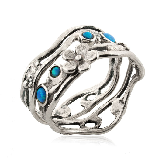 flower Silver Stack Ring with Opal