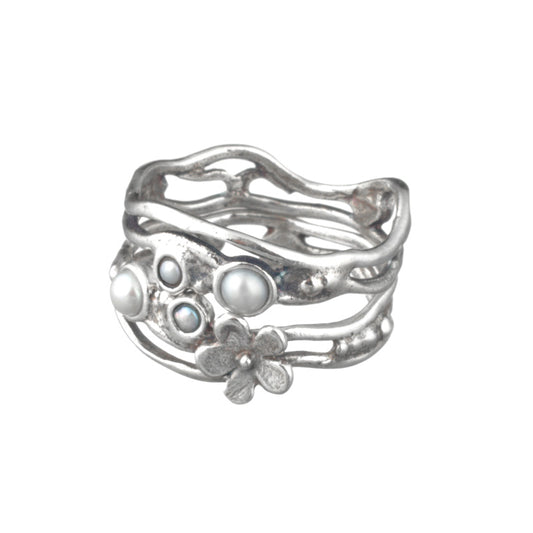 flower Silver Stack Ring with Pearl